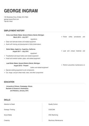 Boiler Maker Resume Sample & Tips | Online Resume Builder