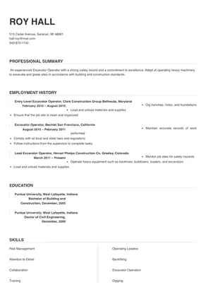 Excavator Operator Resume Sample & Tips | Online Resume Builder