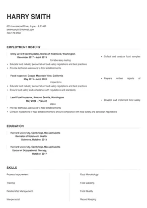 Food Inspector Resume Sample & Tips | Online Resume Builder