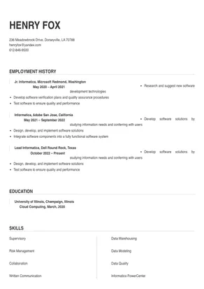 Informatica Resume Sample & Tips | Online Resume Builder